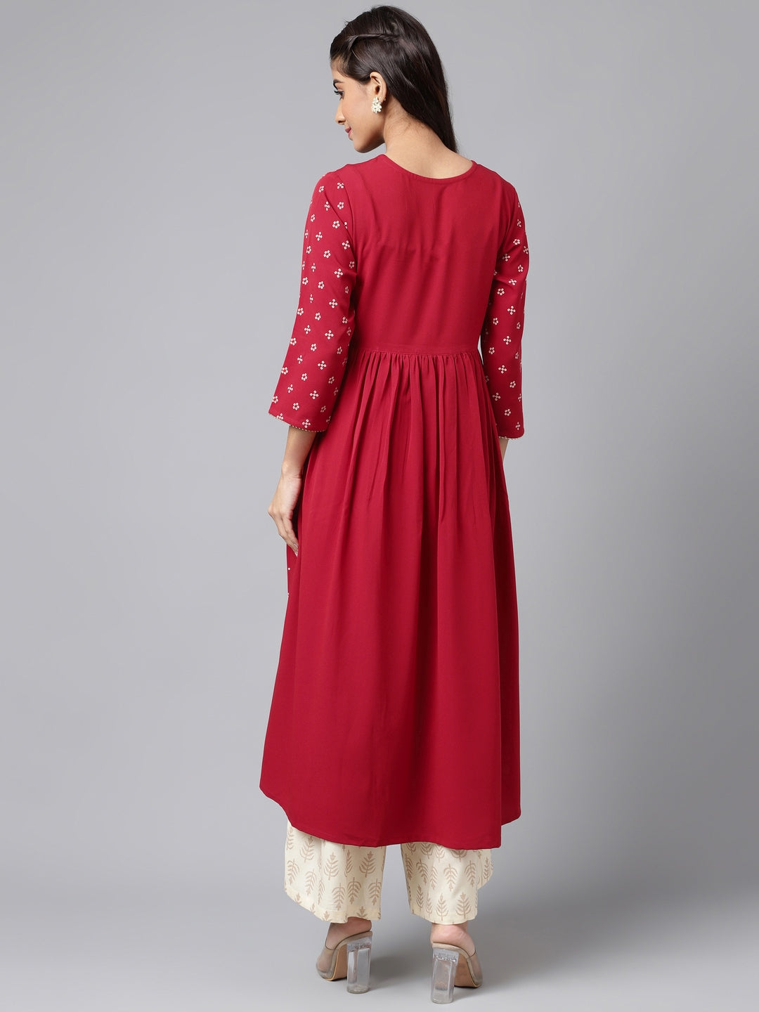 Janasya Women's Maroon Crepe Bandhani Printed Casual Flared Kurta | Swadesiicart