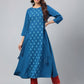 Janasya Women's Teal Blue Crepe Ethnic Motif Printed Festive A-Line Kurta | Swadesiicart