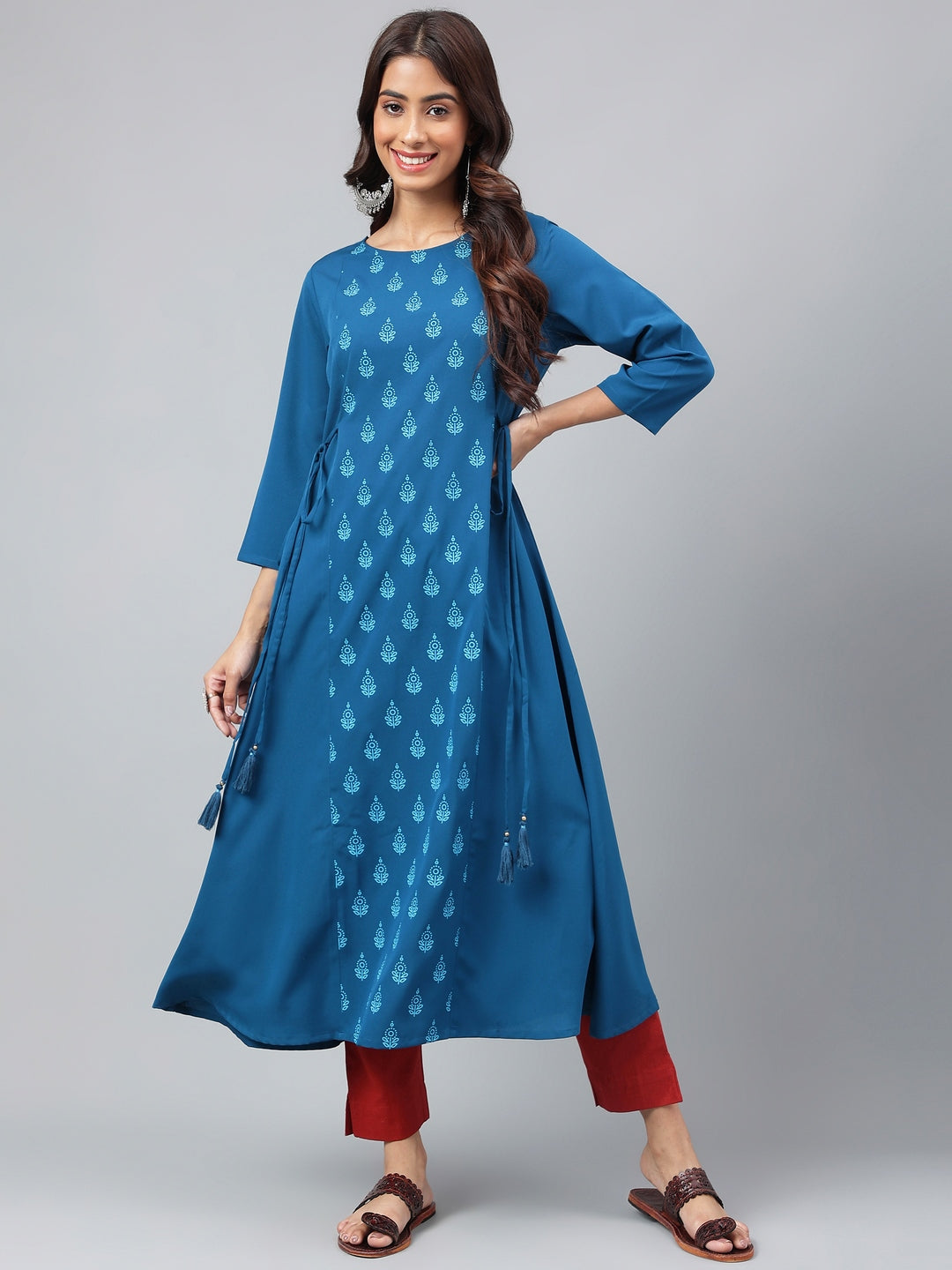 Janasya Women's Teal Blue Crepe Ethnic Motif Printed Festive A-Line Kurta | Swadesiicart