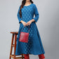 Janasya Women's Teal Blue Crepe Ethnic Motif Printed Festive A-Line Kurta | Swadesiicart