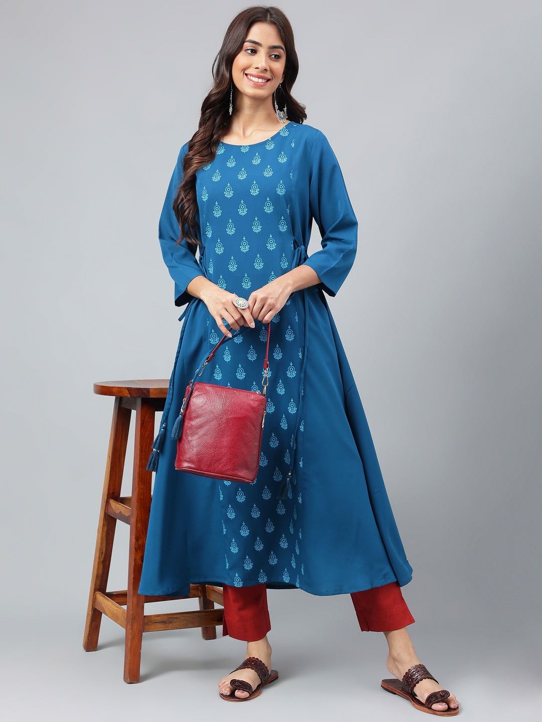 Janasya Women's Teal Blue Crepe Ethnic Motif Printed Festive A-Line Kurta | Swadesiicart