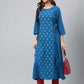 Janasya Women's Teal Blue Crepe Ethnic Motif Printed Festive A-Line Kurta | Swadesiicart