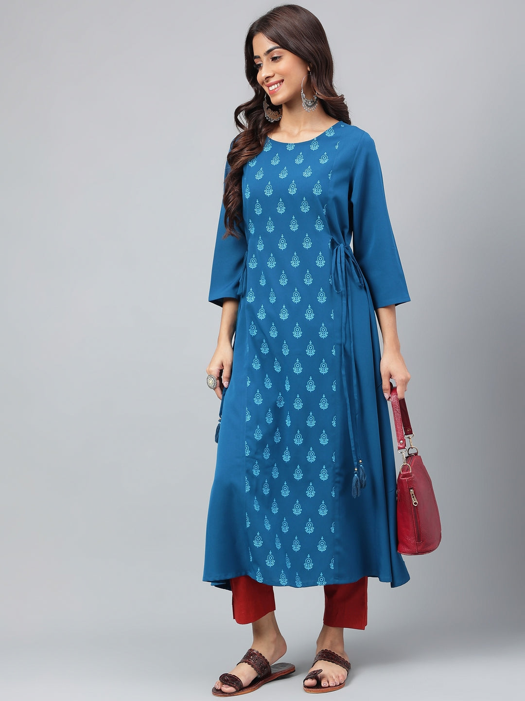 Janasya Women's Teal Blue Crepe Ethnic Motif Printed Festive A-Line Kurta | Swadesiicart