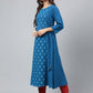 Janasya Women's Teal Blue Crepe Ethnic Motif Printed Festive A-Line Kurta | Swadesiicart
