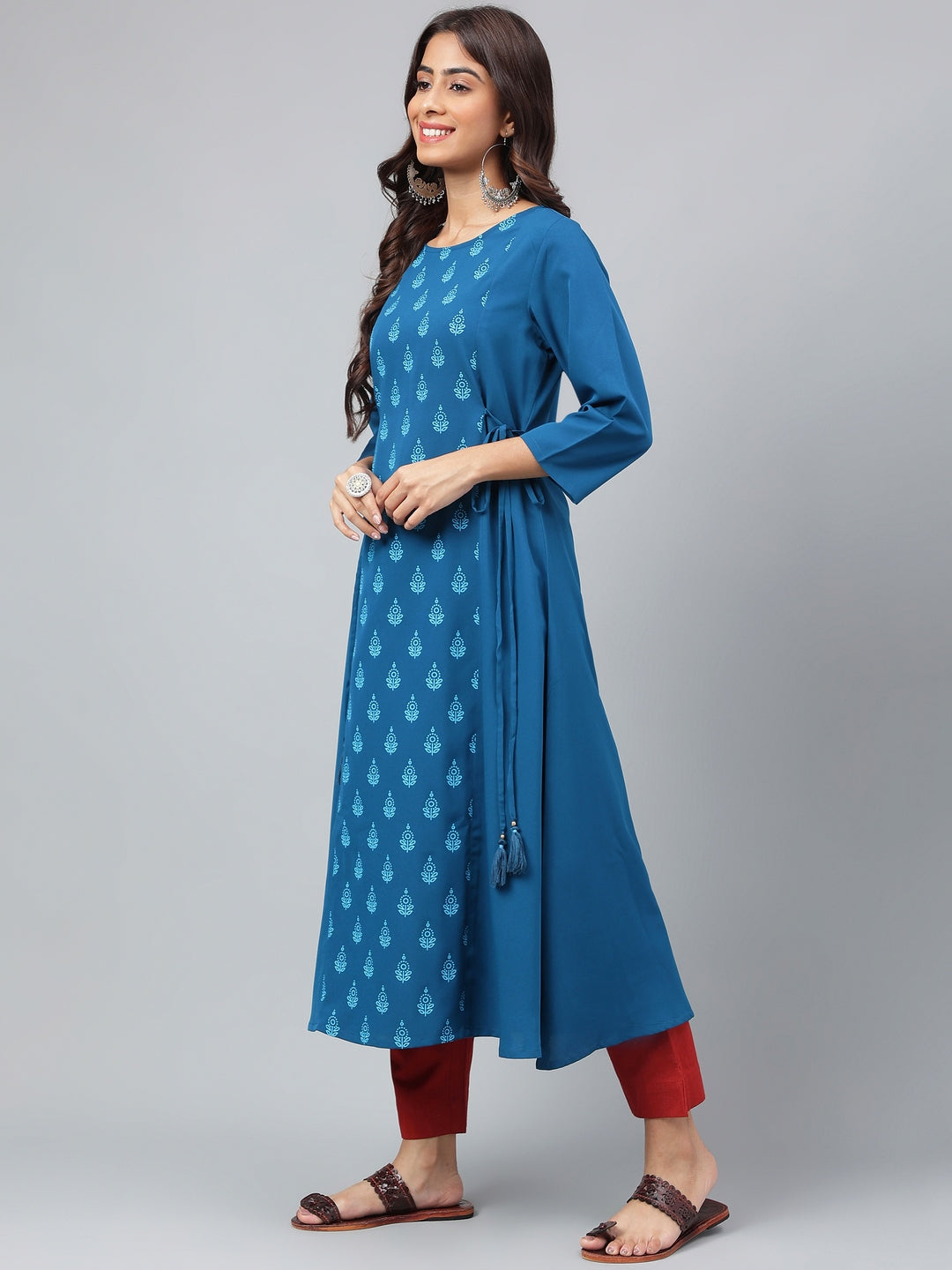 Janasya Women's Teal Blue Crepe Ethnic Motif Printed Festive A-Line Kurta | Swadesiicart