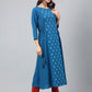 Janasya Women's Teal Blue Crepe Ethnic Motif Printed Festive A-Line Kurta | Swadesiicart