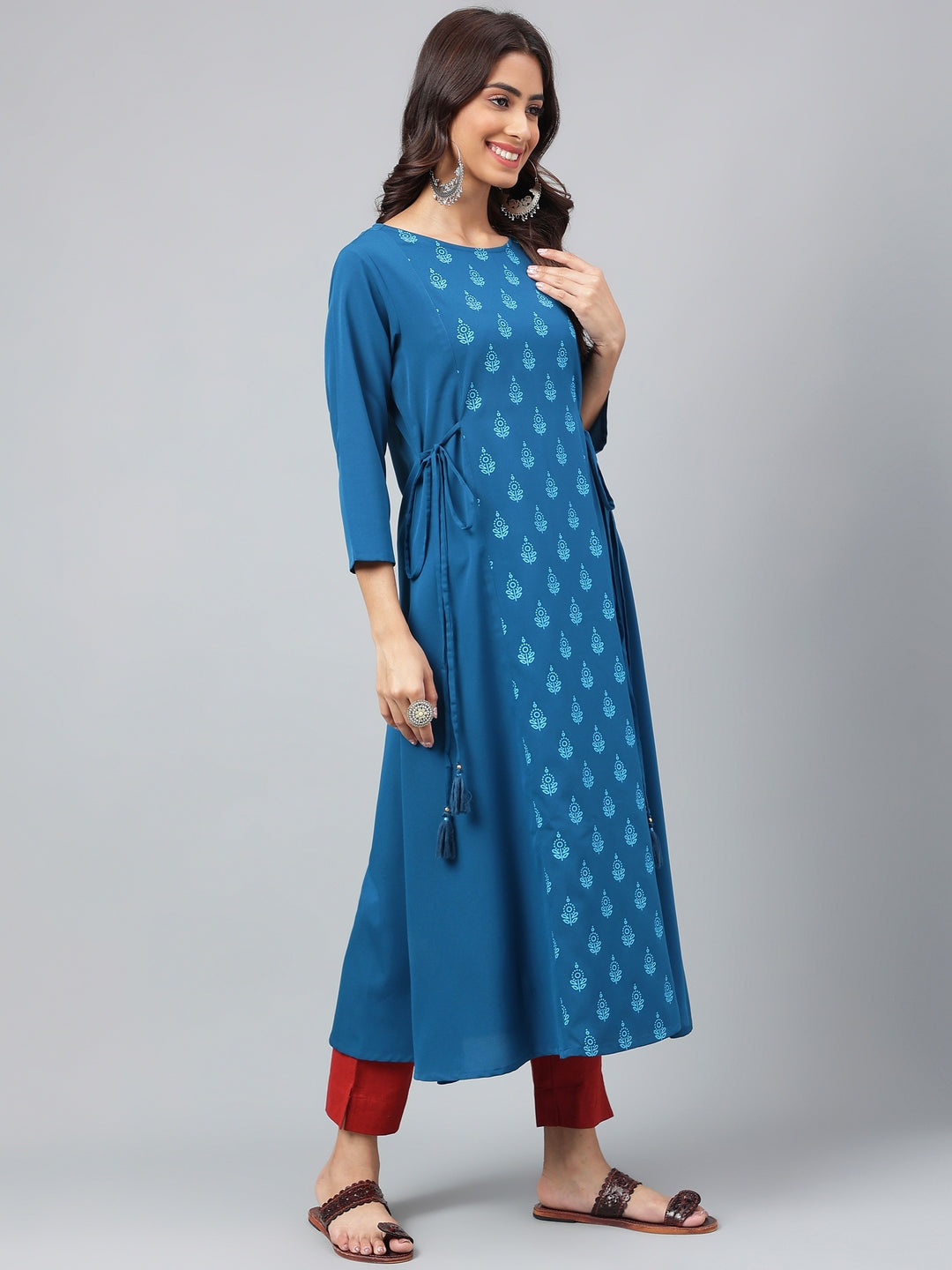 Janasya Women's Teal Blue Crepe Ethnic Motif Printed Festive A-Line Kurta | Swadesiicart