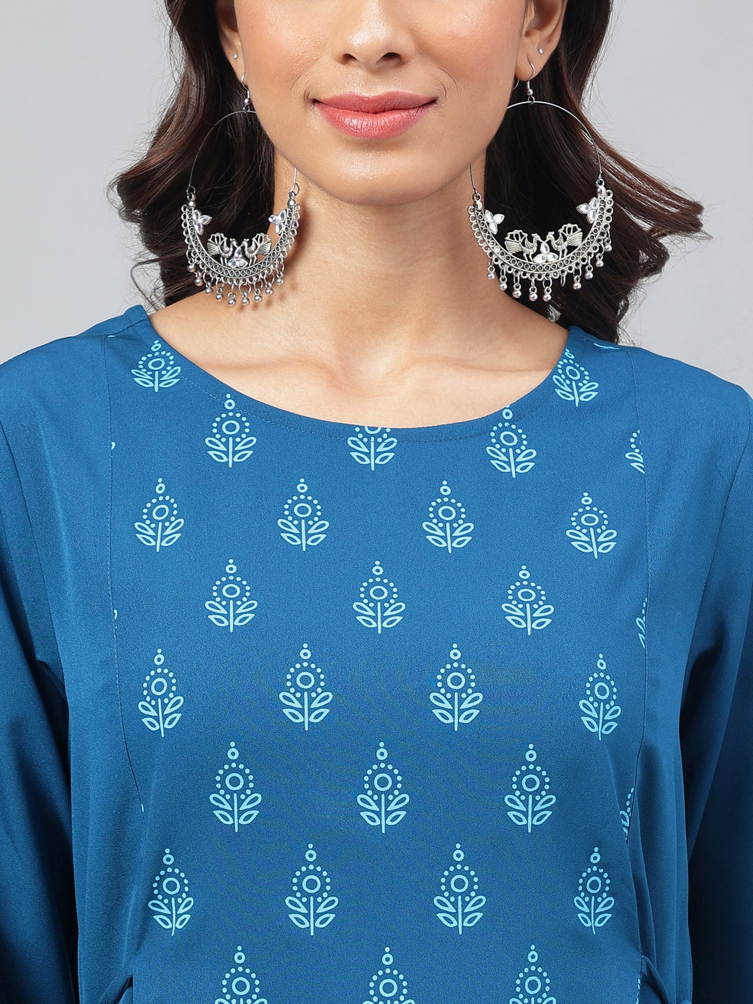 Janasya Women's Teal Blue Crepe Ethnic Motif Printed Festive A-Line Kurta | Swadesiicart