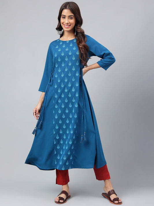 Janasya Women's Teal Blue Crepe Ethnic Motif Printed Festive A-Line Kurta | Swadesiicart