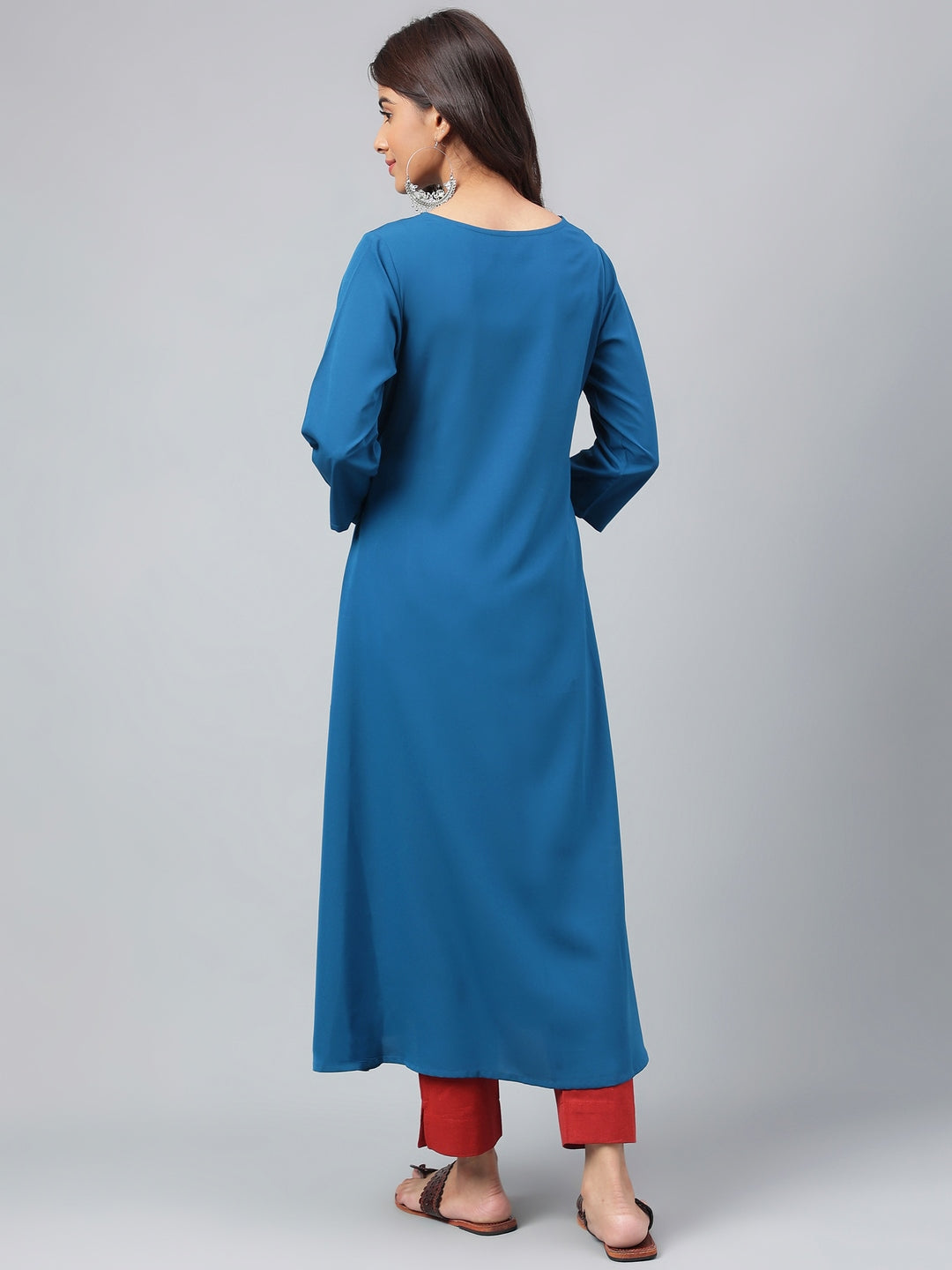 Janasya Women's Teal Blue Crepe Ethnic Motif Printed Festive A-Line Kurta | Swadesiicart