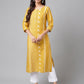 Janasya Women's Yellow Cotton Ethnic Motif Printed Casual Straight Kurta | Swadesiicart