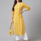 Janasya Women's Yellow Cotton Ethnic Motif Printed Casual Straight Kurta | Swadesiicart