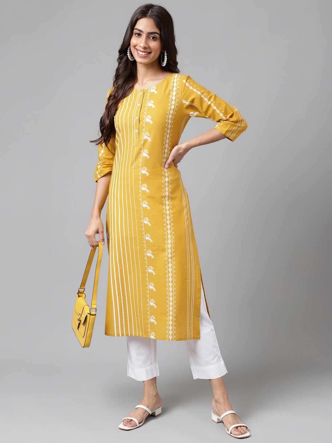 Janasya Women's Yellow Cotton Ethnic Motif Printed Casual Straight Kurta | Swadesiicart