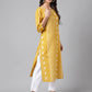 Janasya Women's Yellow Cotton Ethnic Motif Printed Casual Straight Kurta | Swadesiicart