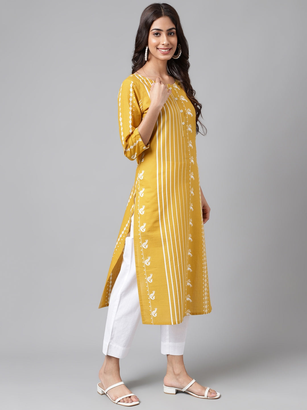 Janasya Women's Yellow Cotton Ethnic Motif Printed Casual Straight Kurta | Swadesiicart