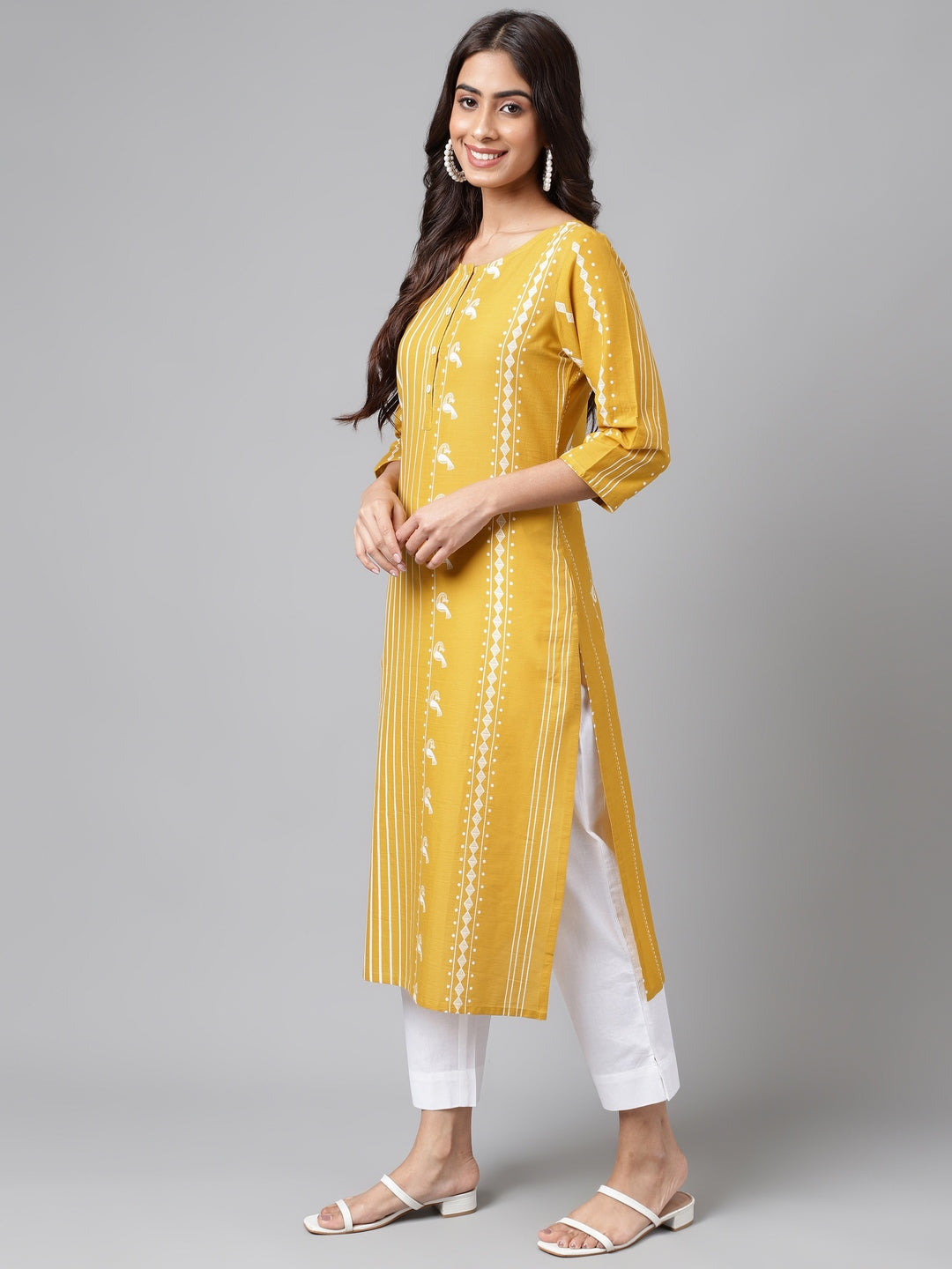 Janasya Women's Yellow Cotton Ethnic Motif Printed Casual Straight Kurta | Swadesiicart