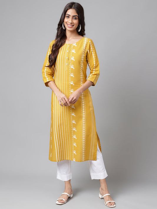 Janasya Women's Yellow Cotton Ethnic Motif Printed Casual Straight Kurta | Swadesiicart