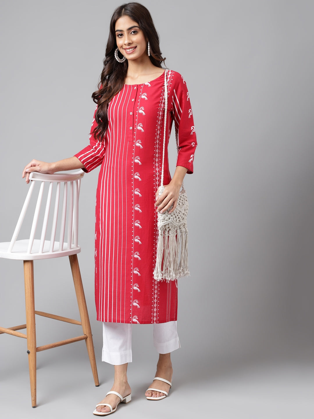 Janasya Women's Red Cotton Ethnic Motif Printed Casual Straight Kurta | Swadesiicart