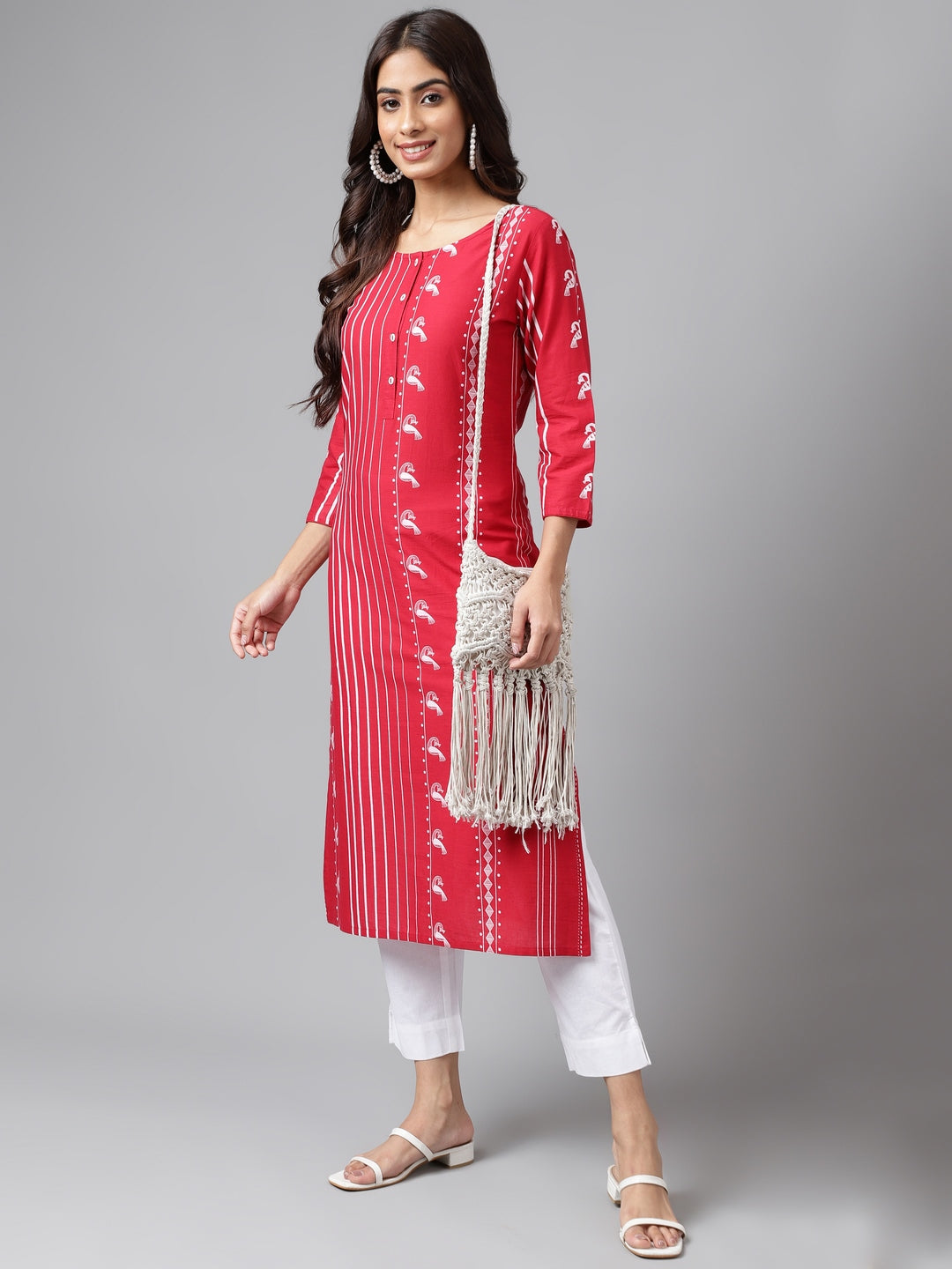 Janasya Women's Red Cotton Ethnic Motif Printed Casual Straight Kurta | Swadesiicart