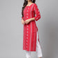Janasya Women's Red Cotton Ethnic Motif Printed Casual Straight Kurta | Swadesiicart