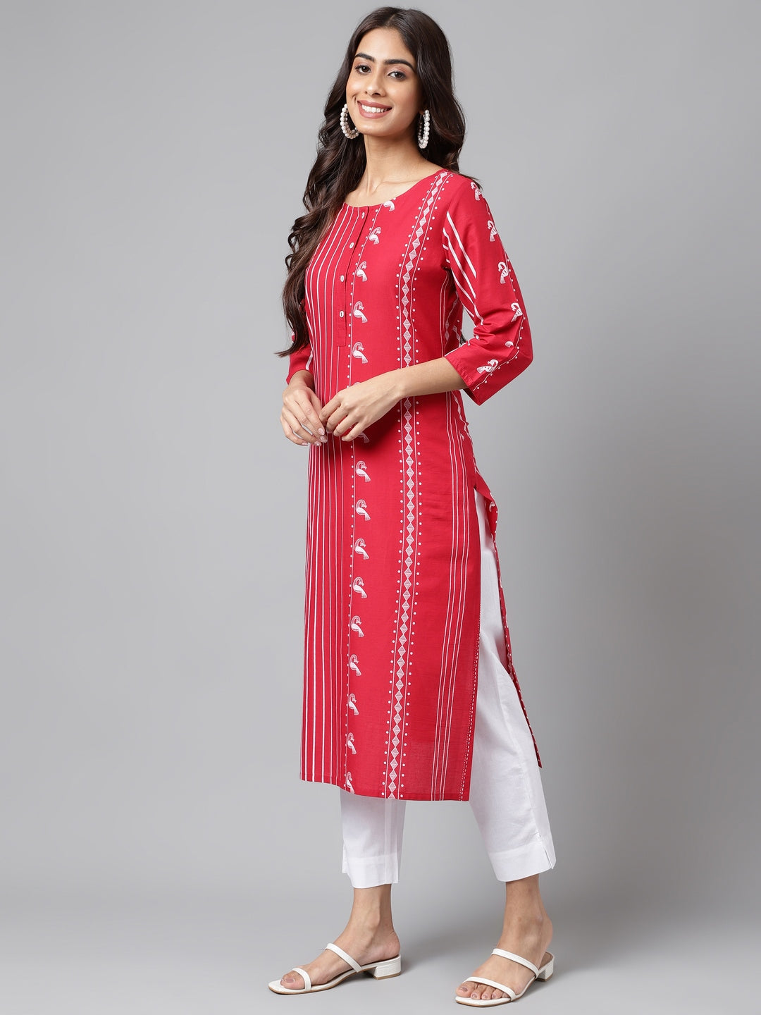 Janasya Women's Red Cotton Ethnic Motif Printed Casual Straight Kurta | Swadesiicart