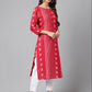 Janasya Women's Red Cotton Ethnic Motif Printed Casual Straight Kurta | Swadesiicart