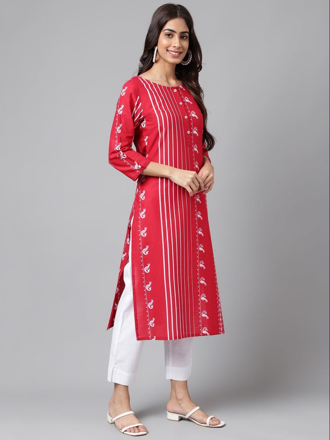 Janasya Women's Red Cotton Ethnic Motif Printed Casual Straight Kurta | Swadesiicart