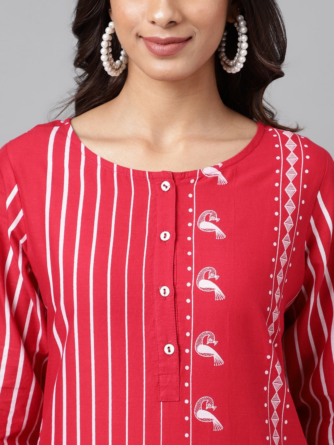Janasya Women's Red Cotton Ethnic Motif Printed Casual Straight Kurta | Swadesiicart