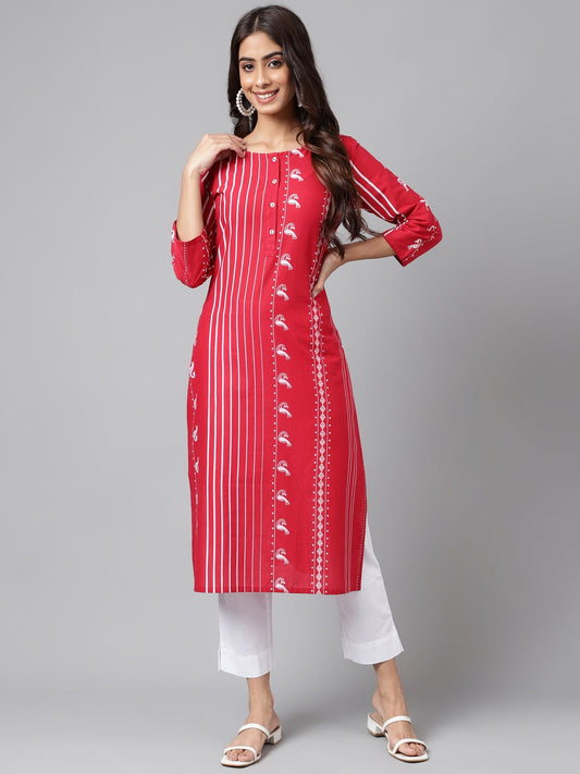 Janasya Women's Red Cotton Ethnic Motif Printed Casual Straight Kurta | Swadesiicart
