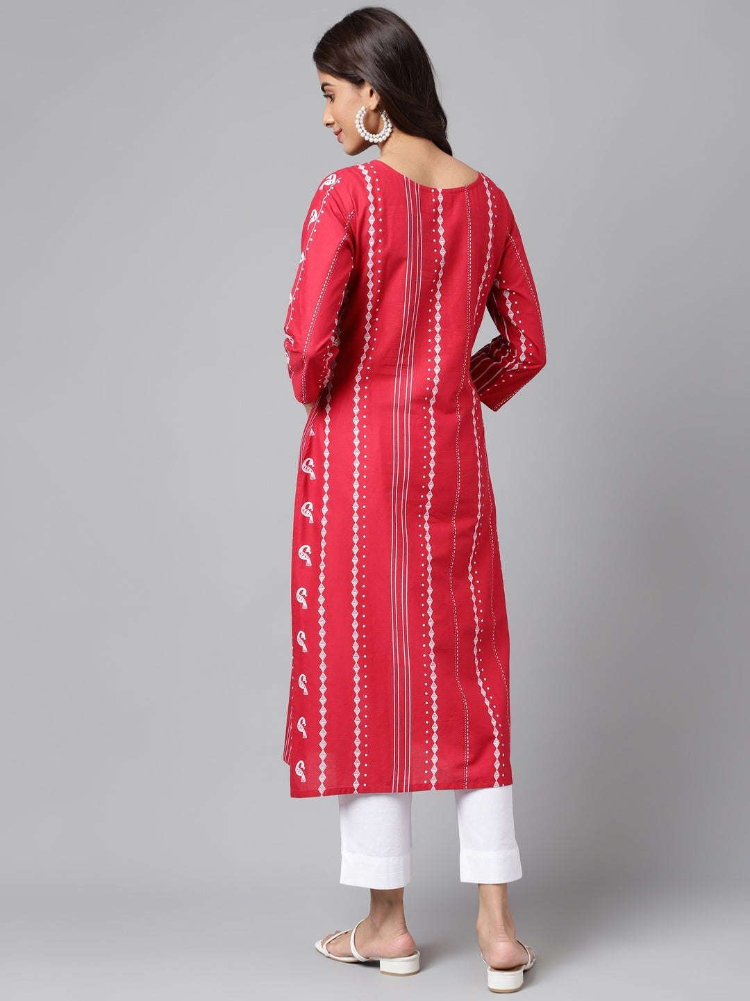 Janasya Women's Red Cotton Ethnic Motif Printed Casual Straight Kurta | Swadesiicart