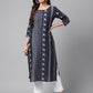 Janasya Women's Navy Blue Cotton Ethnic Motif Printed Casual Straight Kurta | Swadesiicart
