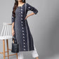 Janasya Women's Navy Blue Cotton Ethnic Motif Printed Casual Straight Kurta | Swadesiicart