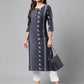 Janasya Women's Navy Blue Cotton Ethnic Motif Printed Casual Straight Kurta | Swadesiicart