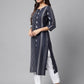 Janasya Women's Navy Blue Cotton Ethnic Motif Printed Casual Straight Kurta | Swadesiicart