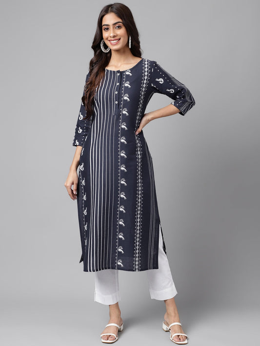 Janasya Women's Navy Blue Cotton Ethnic Motif Printed Casual Straight Kurta | Swadesiicart