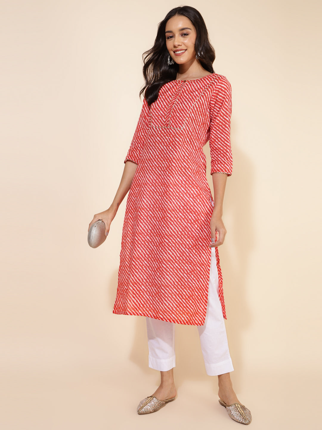 Janasya Red Cotton Striped Casual Kurta | Swadesiicart