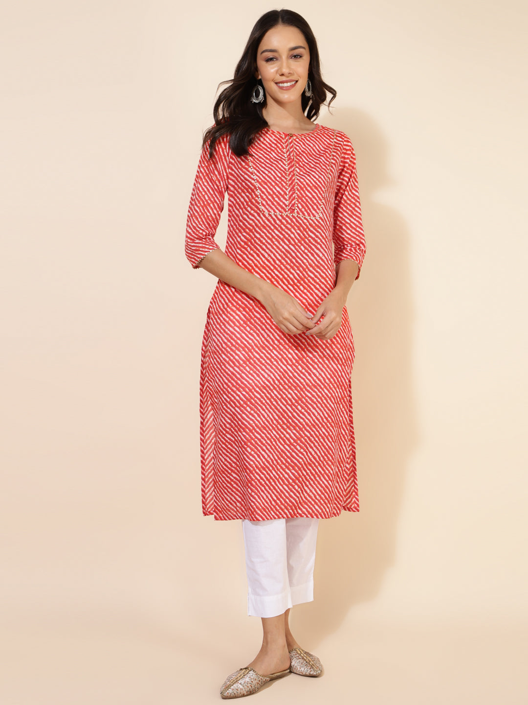 Janasya Red Cotton Striped Casual Kurta | Swadesiicart