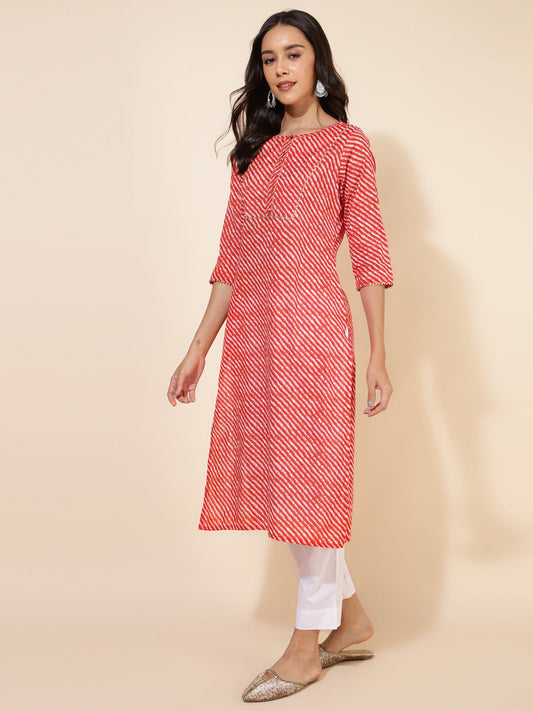 Janasya Red Cotton Striped Casual Kurta | Swadesiicart