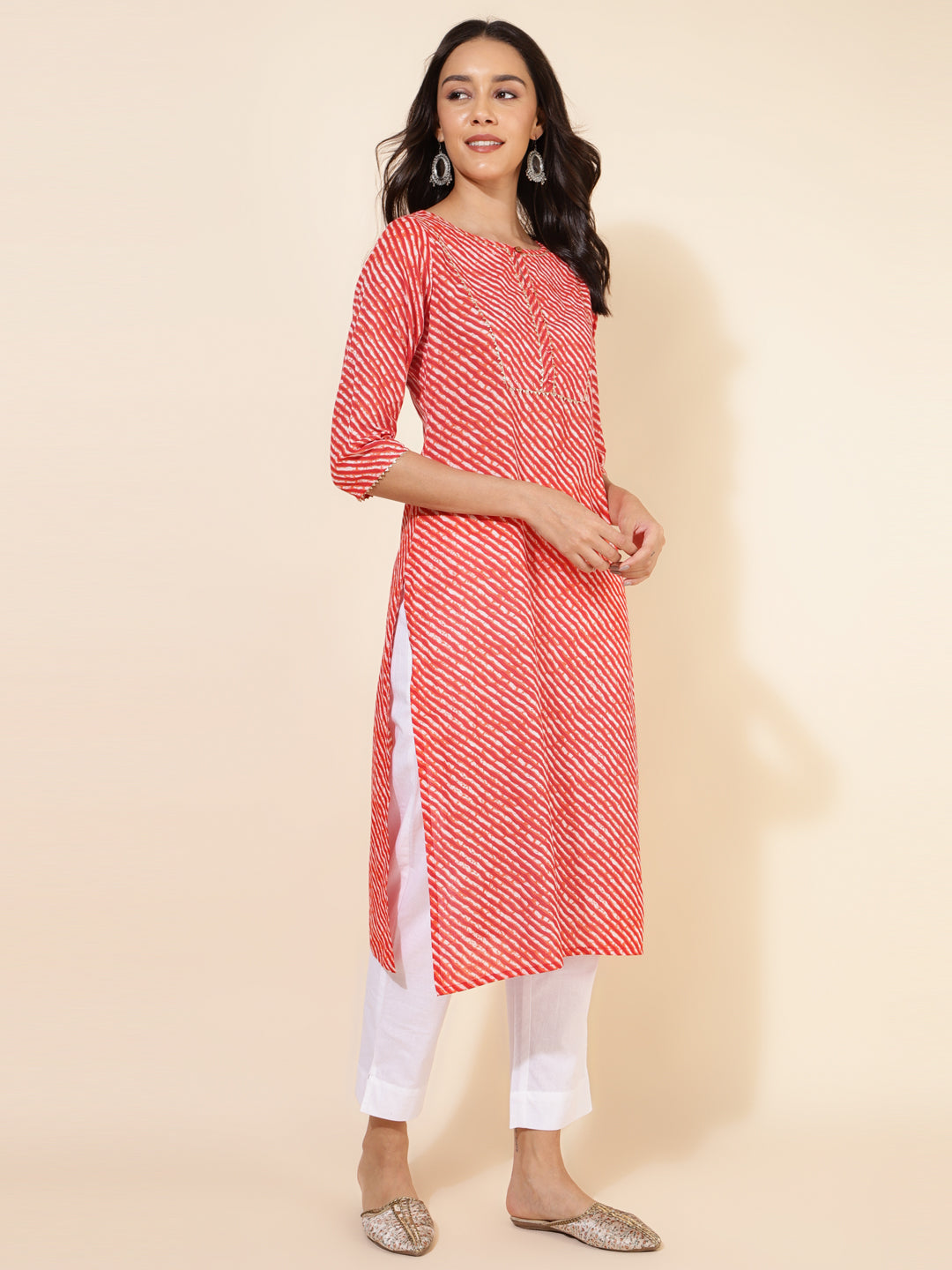Janasya Red Cotton Striped Casual Kurta | Swadesiicart