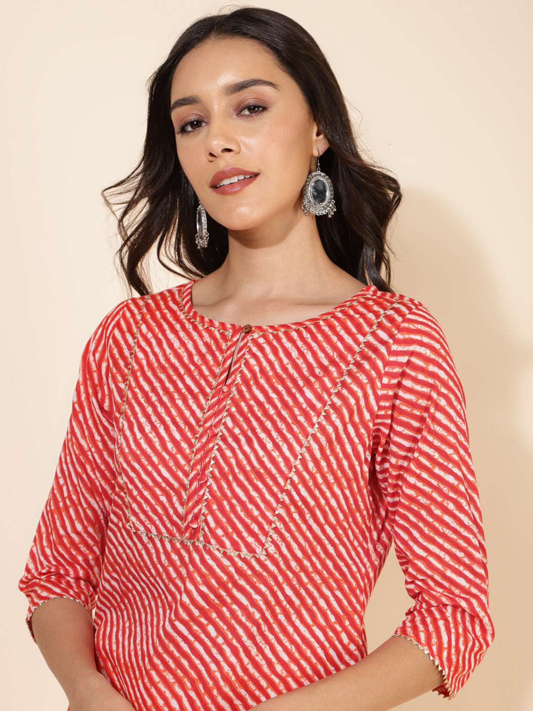 Janasya Red Cotton Striped Casual Kurta | Swadesiicart