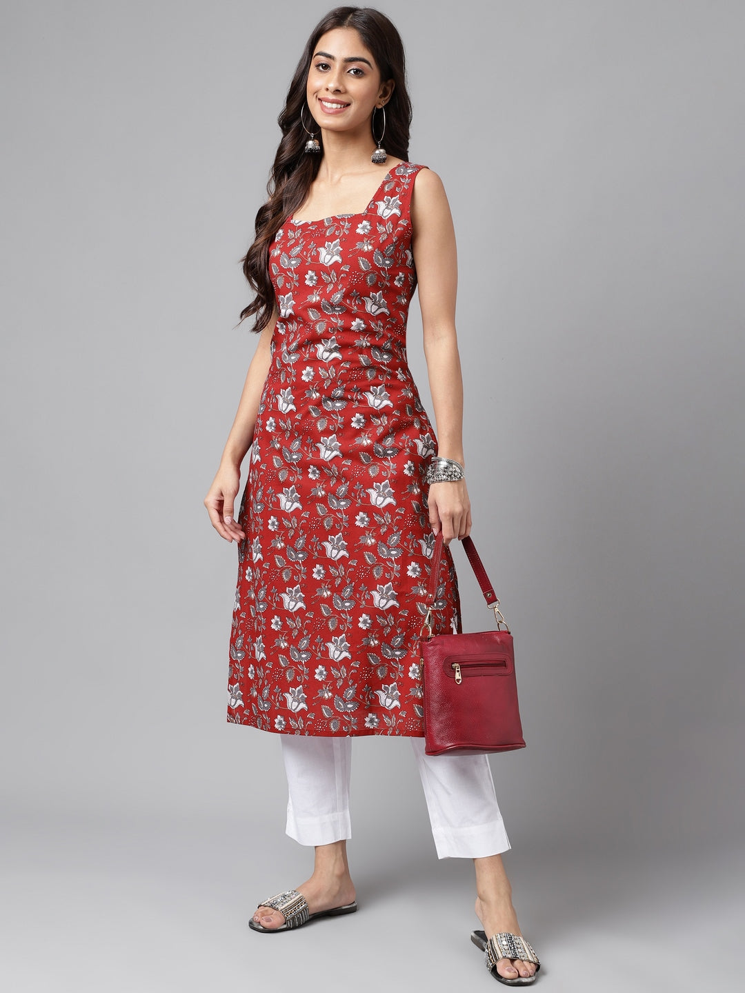 Janasya Women's Maroon Cotton Botanical Printed Casual Straight Kurta | Swadesiicart