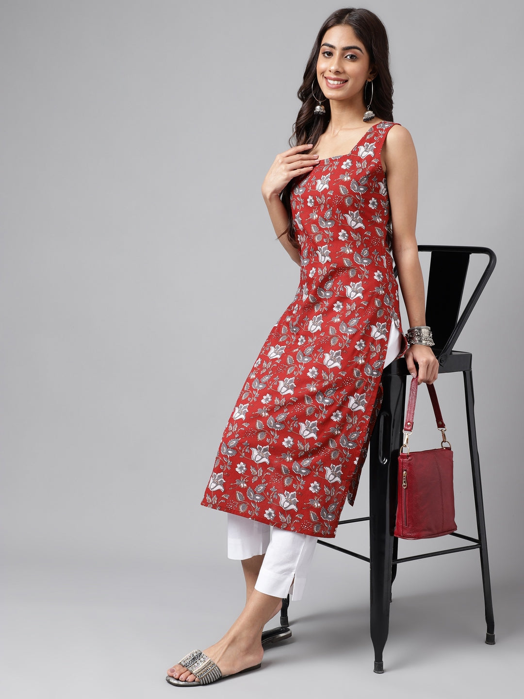 Janasya Women's Maroon Cotton Botanical Printed Casual Straight Kurta | Swadesiicart