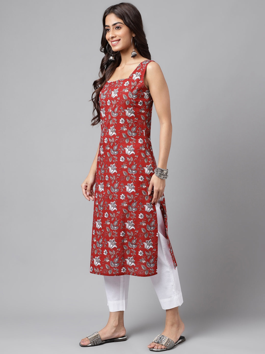 Janasya Women's Maroon Cotton Botanical Printed Casual Straight Kurta | Swadesiicart
