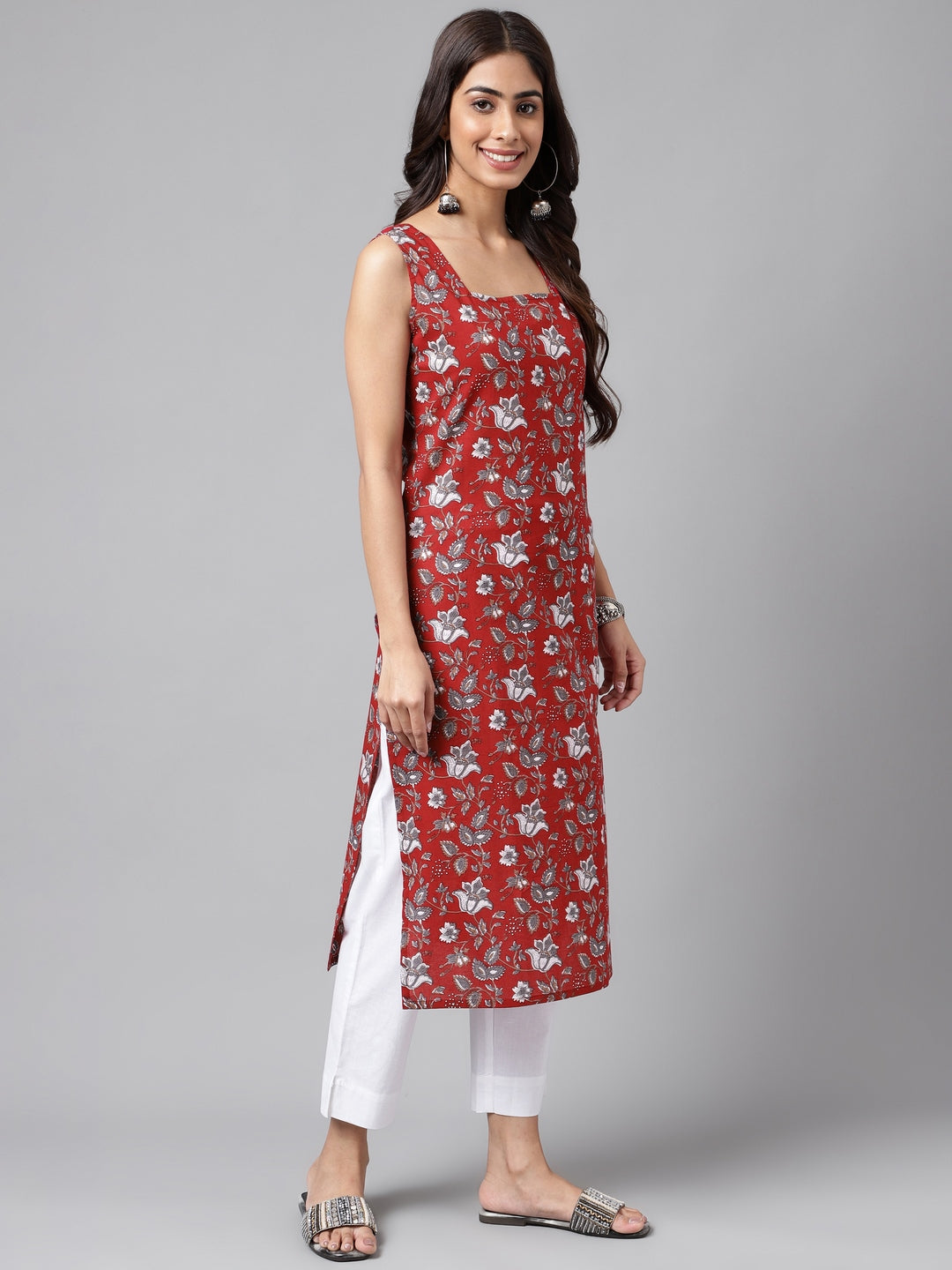 Janasya Women's Maroon Cotton Botanical Printed Casual Straight Kurta | Swadesiicart