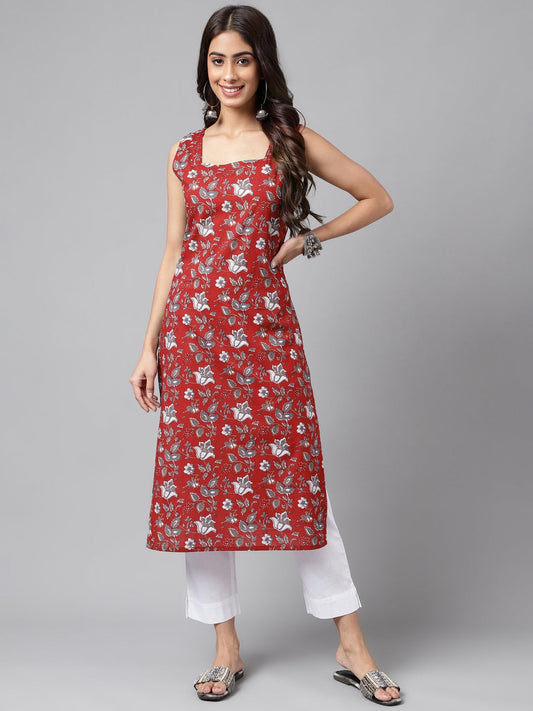 Janasya Women's Maroon Cotton Botanical Printed Casual Straight Kurta | Swadesiicart