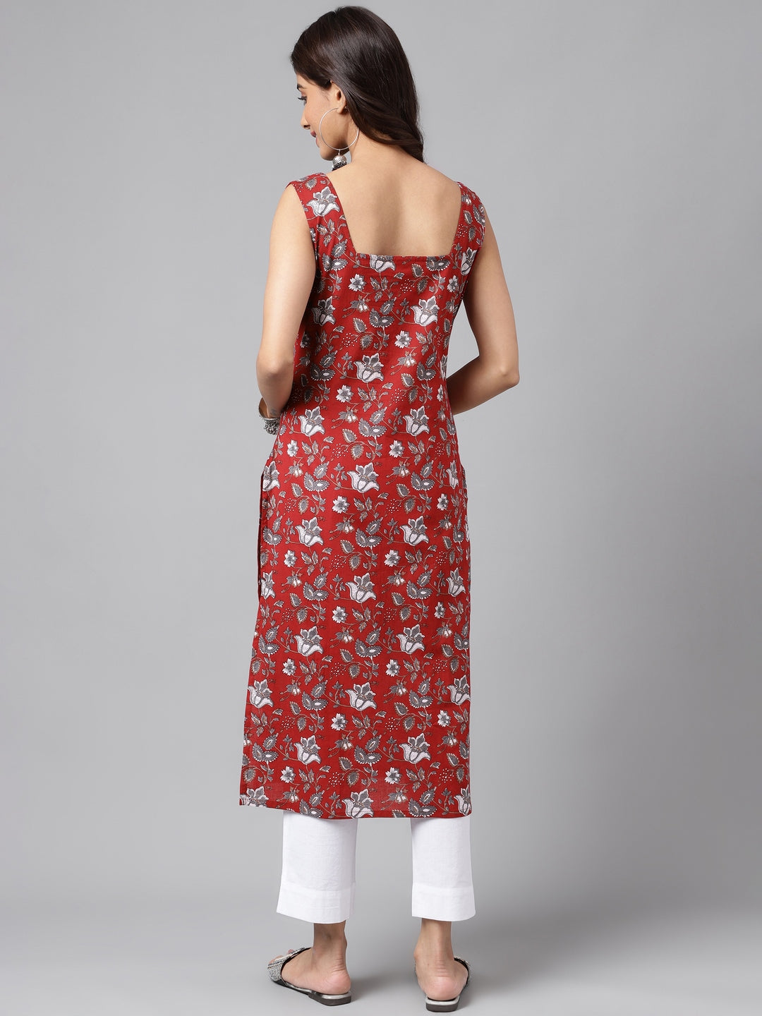 Janasya Women's Maroon Cotton Botanical Printed Casual Straight Kurta | Swadesiicart