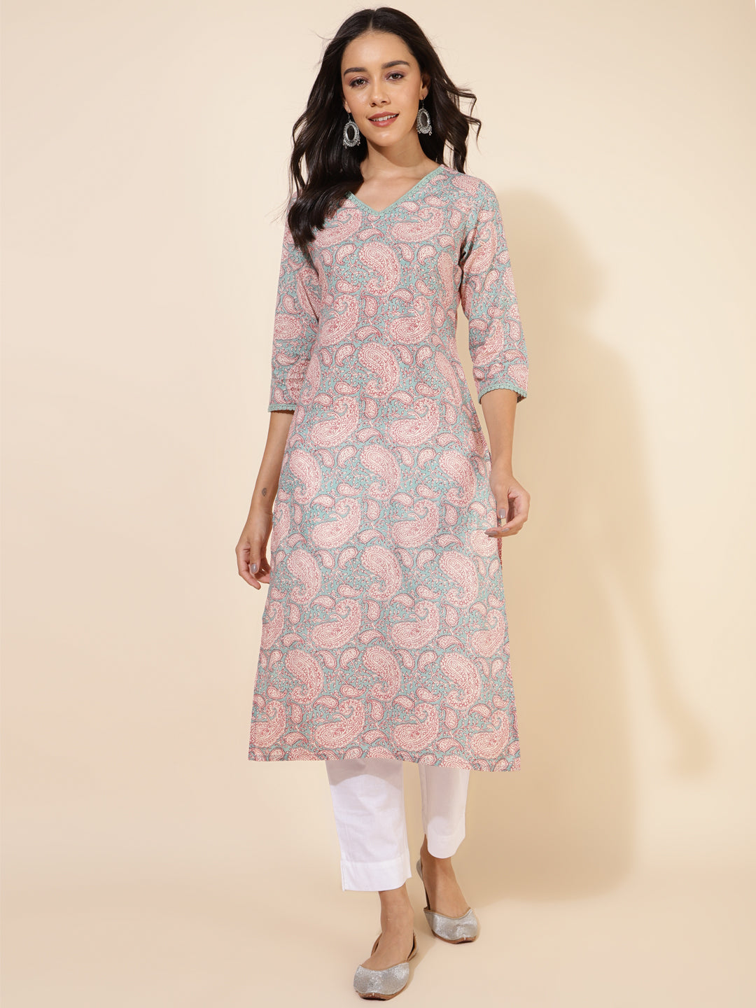Janasya Sage Green Cotton Paisley Printed Casual Kurta | Swadesiicart