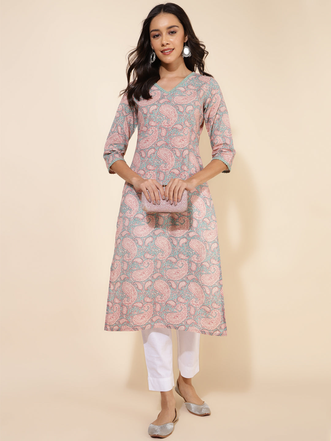 Janasya Sage Green Cotton Paisley Printed Casual Kurta | Swadesiicart