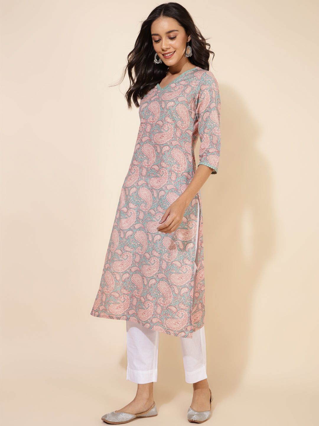 Janasya Sage Green Cotton Paisley Printed Casual Kurta | Swadesiicart