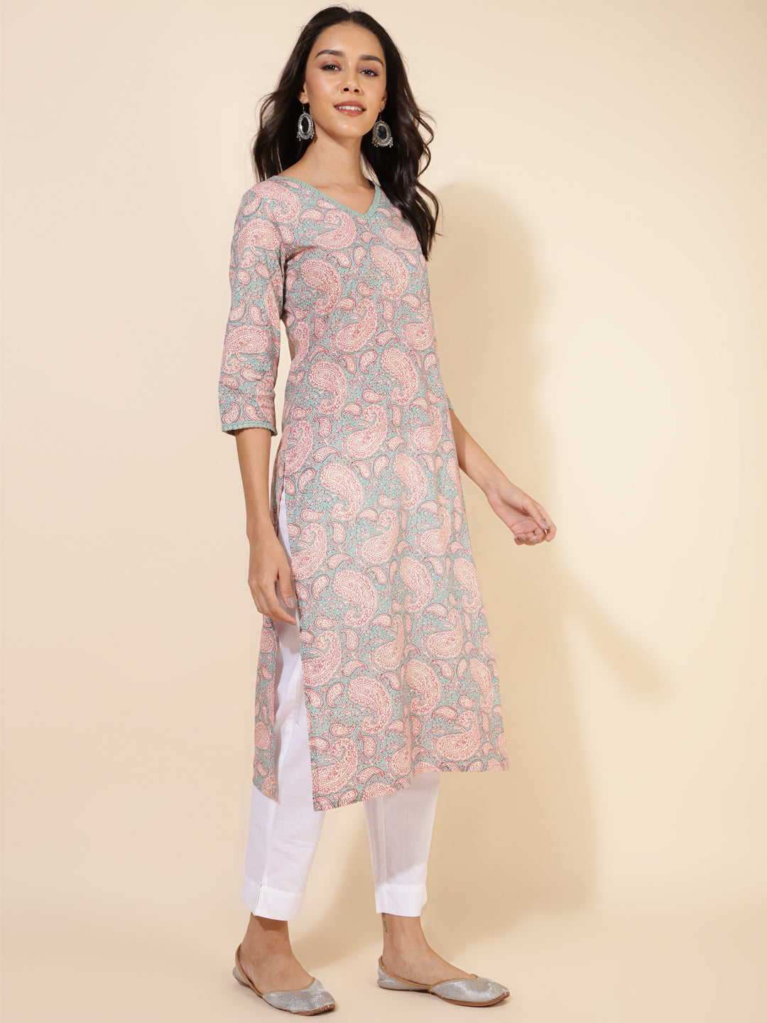 Janasya Sage Green Cotton Paisley Printed Casual Kurta | Swadesiicart